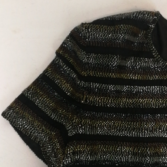 80s vintage Black striped copper bronze silver beaded metallic top - Picture 6 of 13